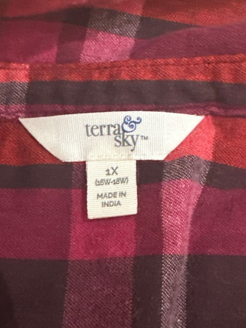 Terra & Sky Womens 1X Shirt Top Plaid Button-Up Long Sleeve Red & Purple Casual - Picture 2 of 7